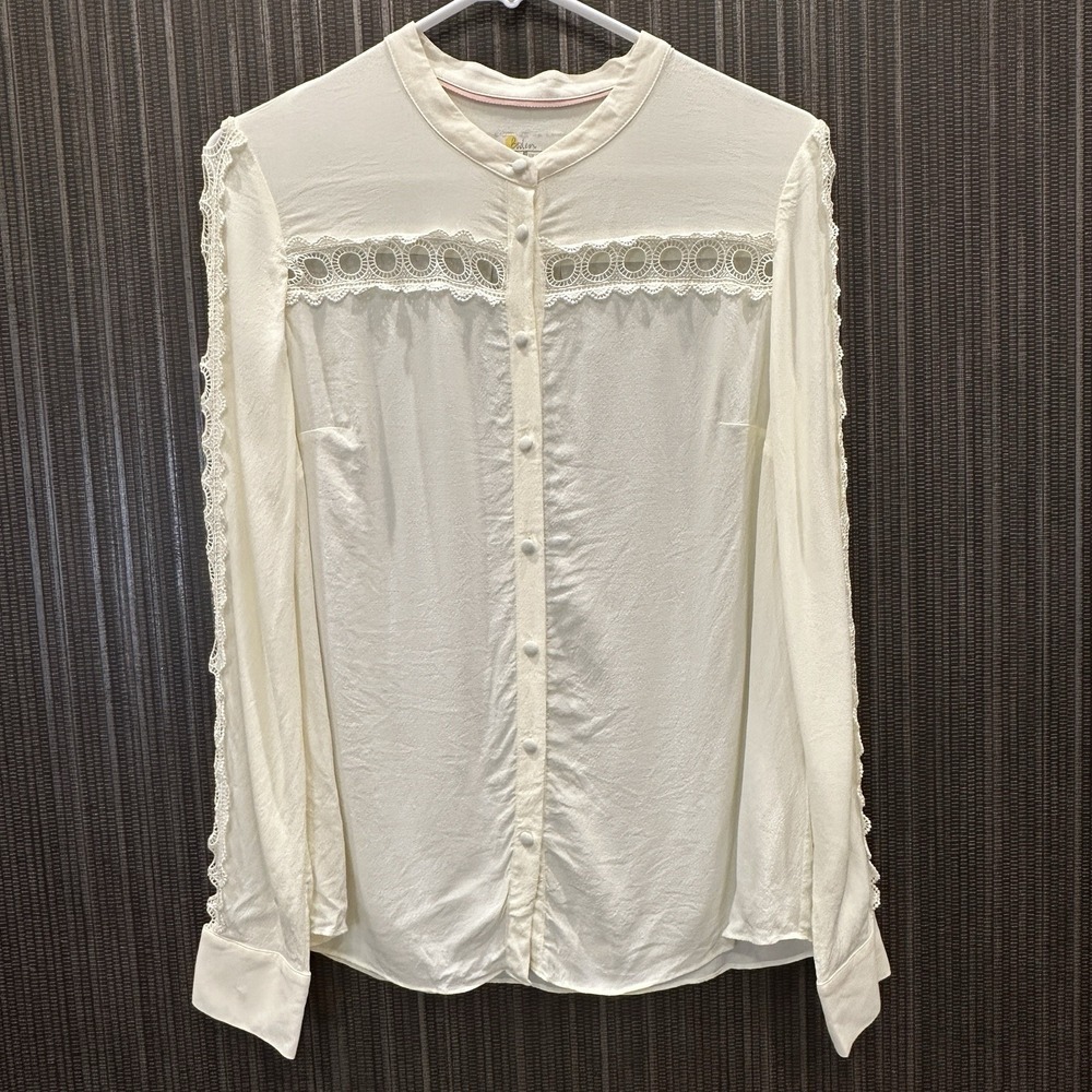 BODEN Womens Lace Trim Crochet Button Down Top Size 8 Regular Romantic Boho Chic